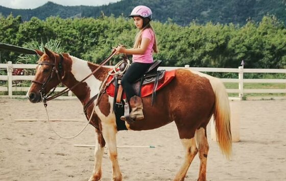 Young girl riding a palomino horse